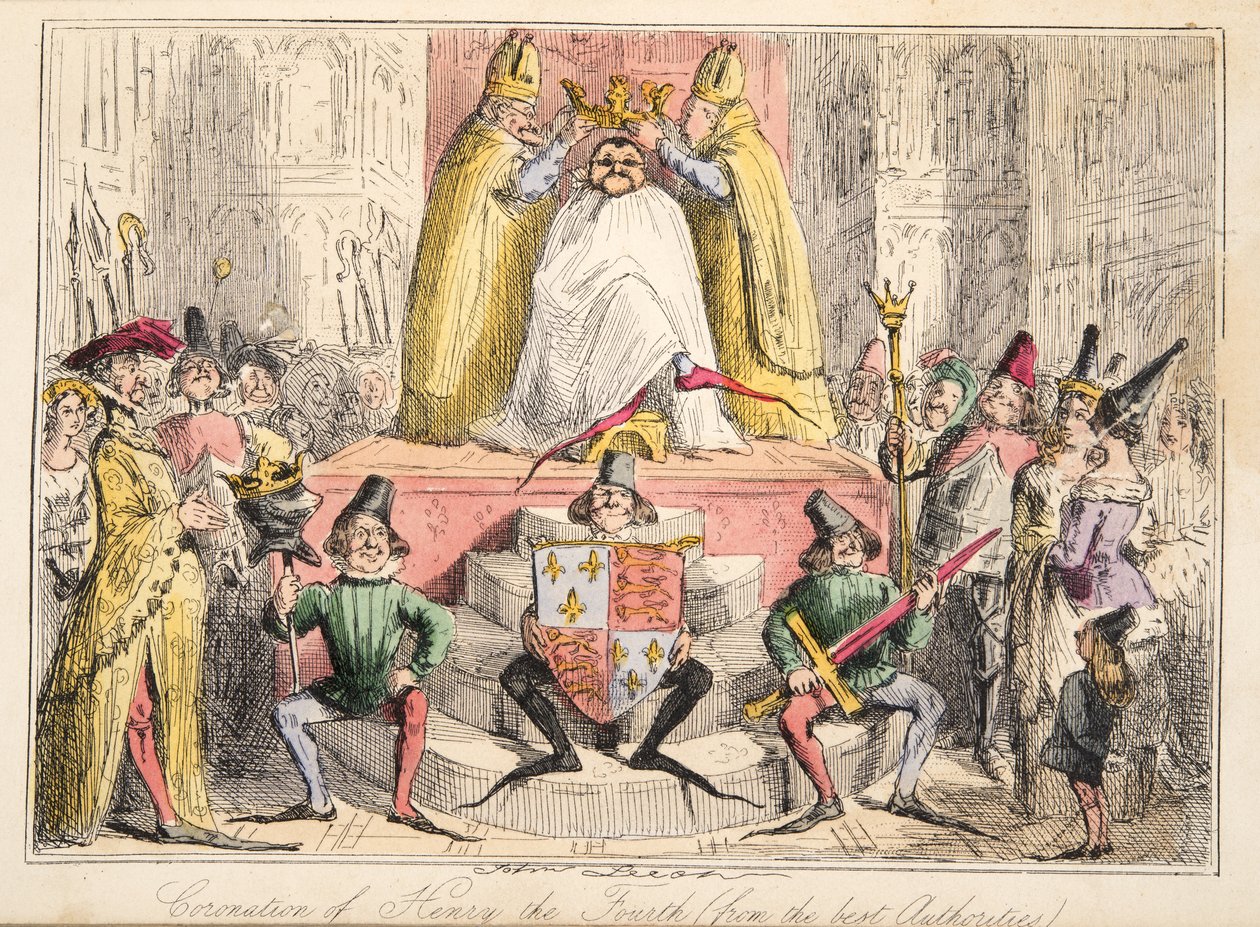 Krönung von Heinrich IV. (nach den besten Quellen), aus The Comic History of England, veröffentlicht 1864 (handkolorierte Radierung) von John Leech