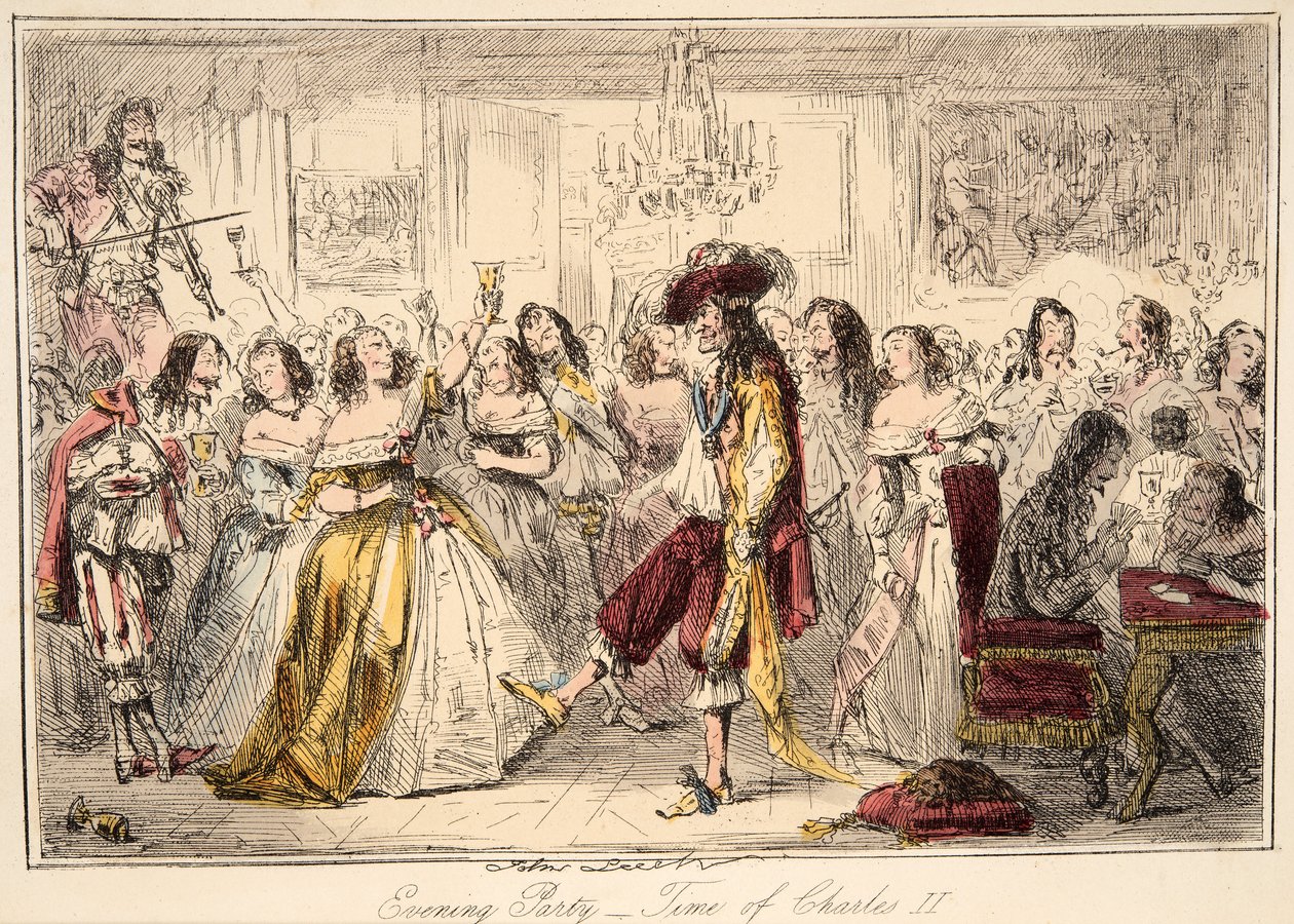 Abendgesellschaft - Zeit von Charles dem Zweiten, aus The Comic History of England, veröffentlicht 1864 (handkolorierte Radierung) von John Leech