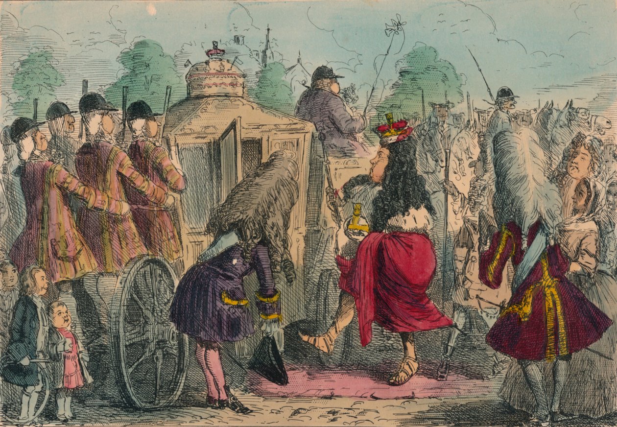 Georgy Porgy der Erste auf einer Fahrt in seiner Staatskutsche, 1850 von John Leech