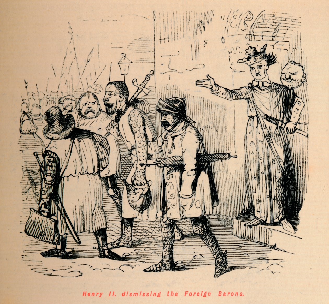 Heinrich II. entlässt die ausländischen Barone, um 1860 von John Leech