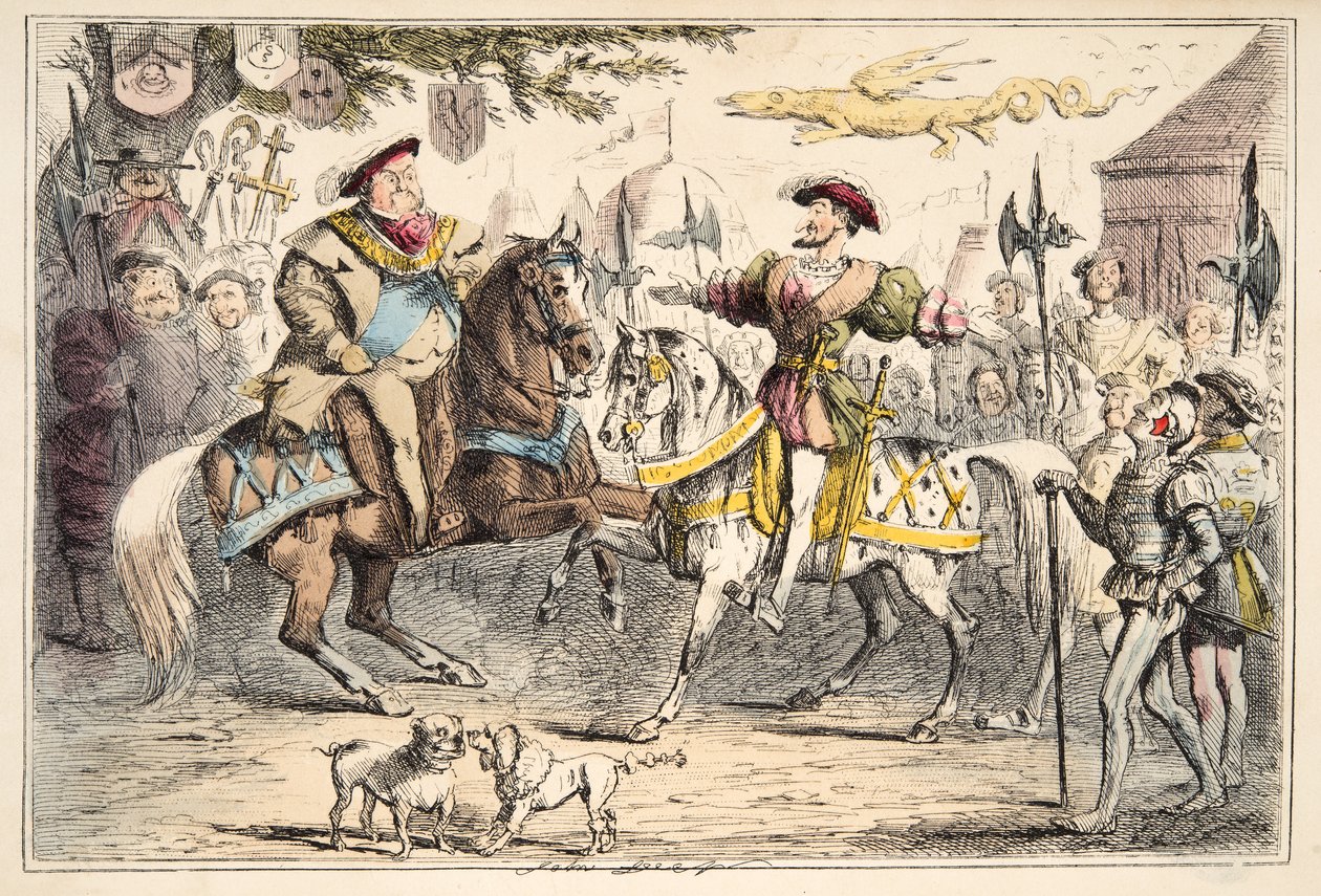 Heinrich VIII. trifft Franz I., aus The Comic History of England, veröffentlicht 1864 (handkolorierte Radierung) von John Leech