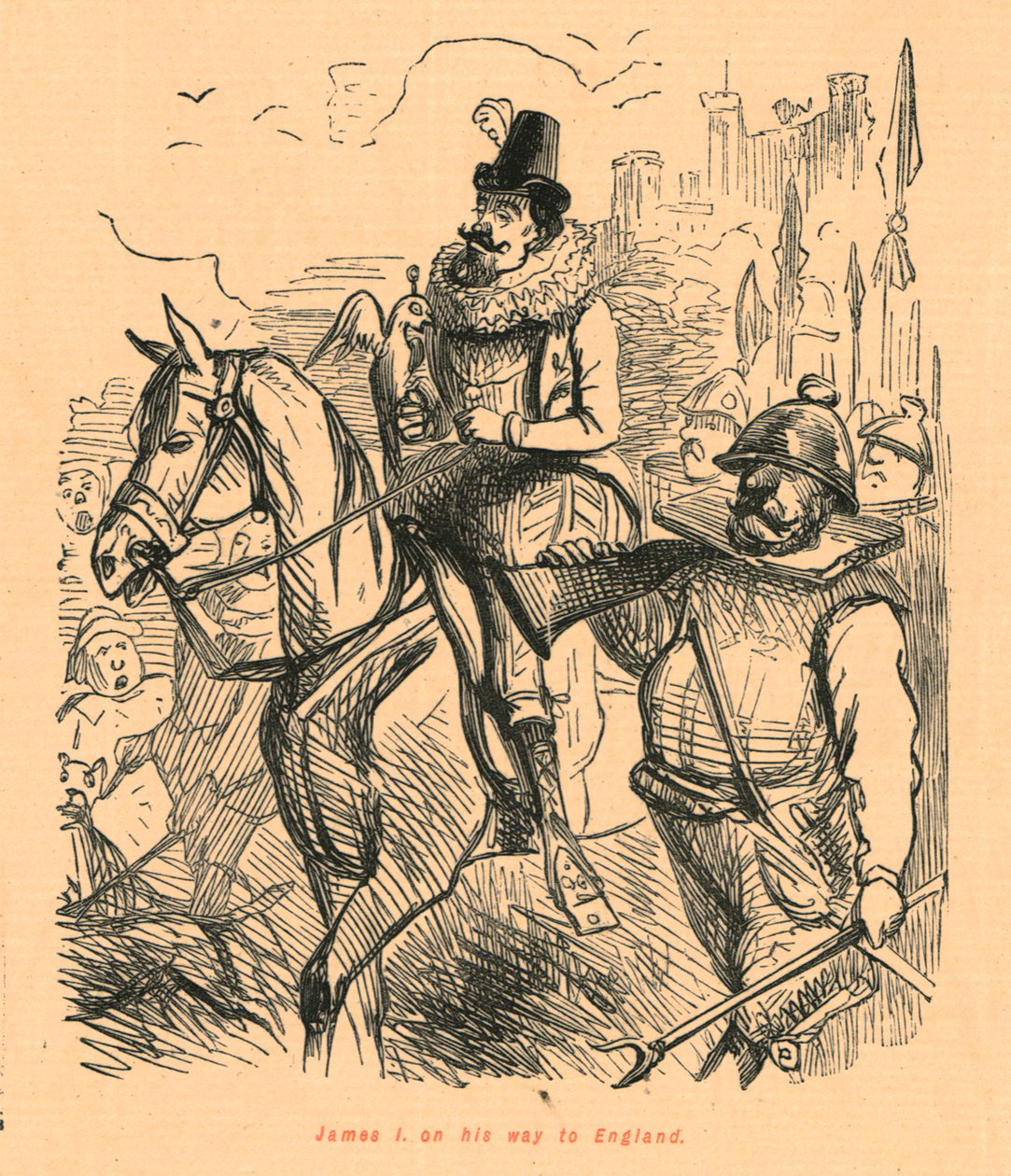 James I. auf dem Weg nach England von John Leech