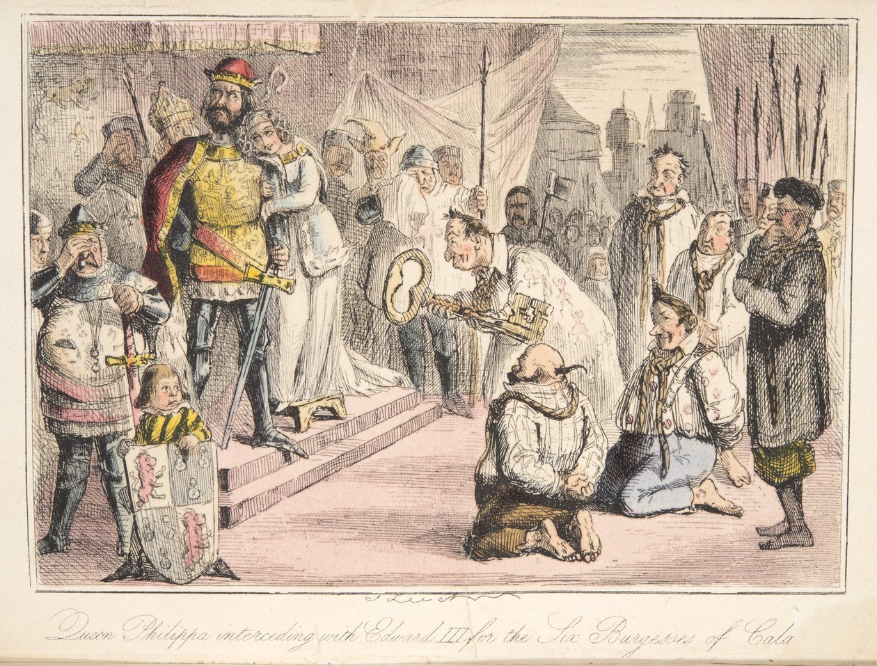 Königin Philippa bittet Eduard III. für die sechs Bürger von Calais, aus The Comic History of England, veröffentlicht 1864 (handkolorierte Radierung) von John Leech