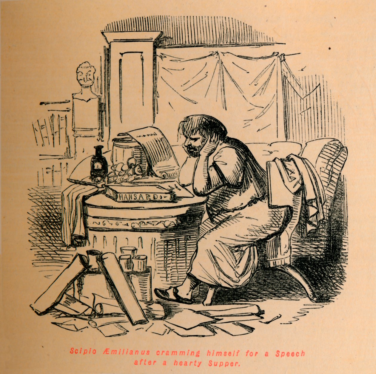Scipio Aemilianus bereitet sich nach einem herzhaften Abendessen auf eine Rede vor, 1852 von John Leech
