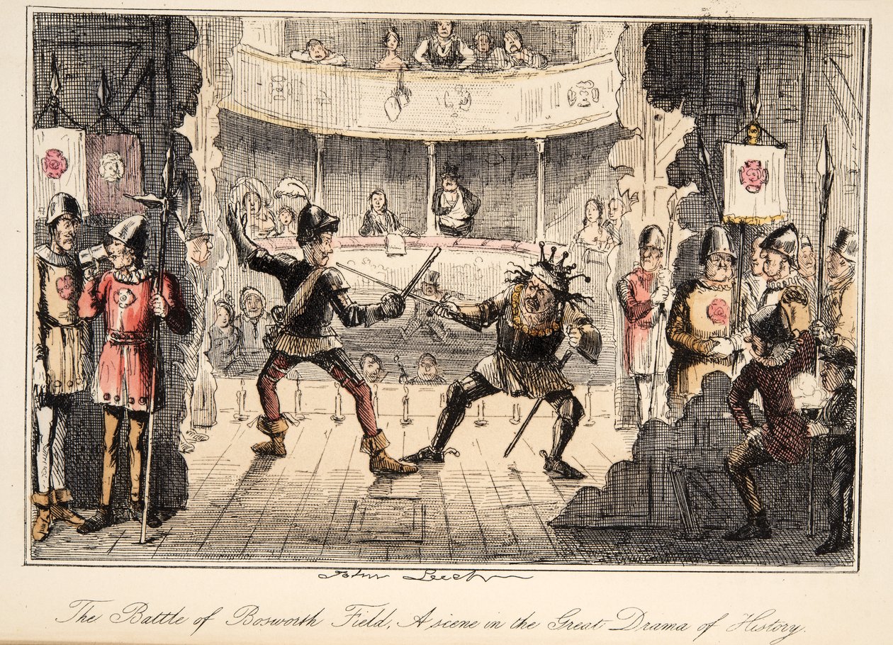 Die Schlacht von Bosworth Field: Eine Szene aus dem großen Drama der Geschichte, aus The Comic History of England, veröffentlicht 1864 (handkolorierte Radierung) von John Leech