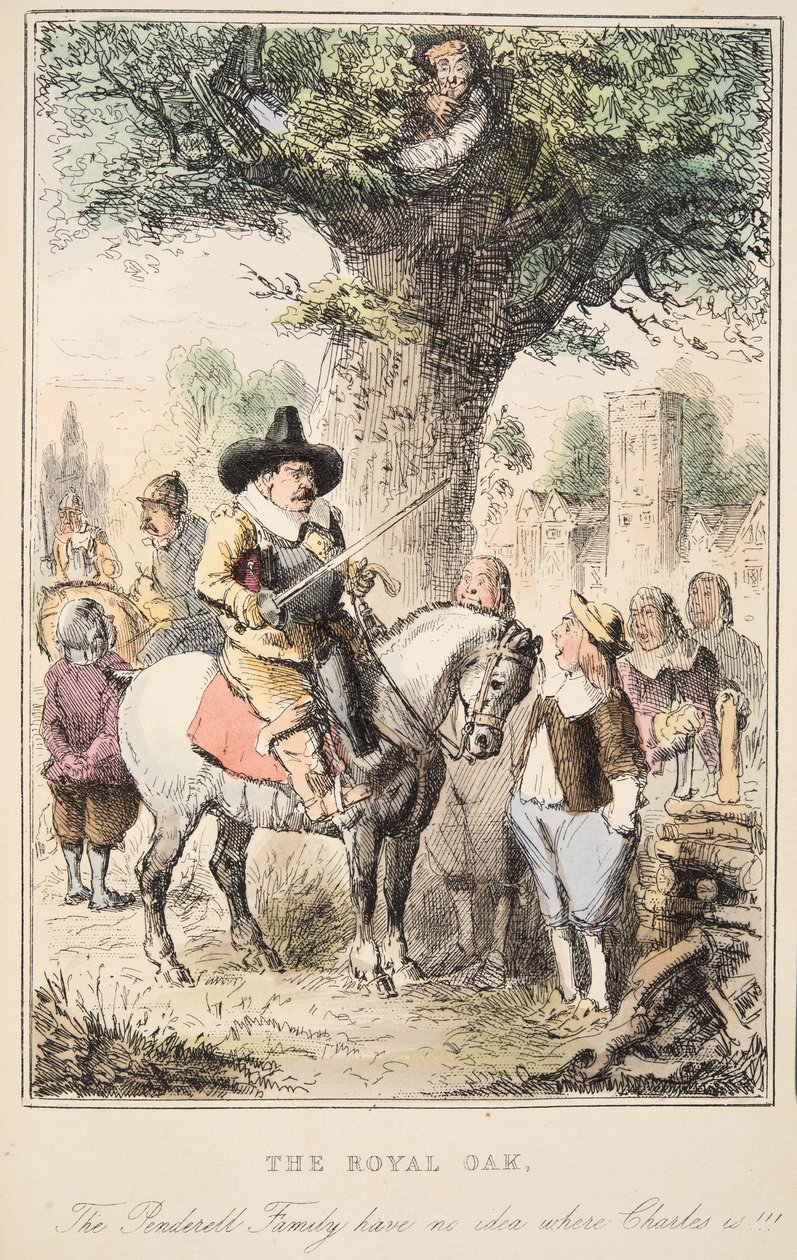 Die Königseiche. Die Familie Penderell hat keine Ahnung, wo Charles ist!!!, aus The Comic History of England, veröffentlicht 1864 (handkolorierte Radierung) von John Leech