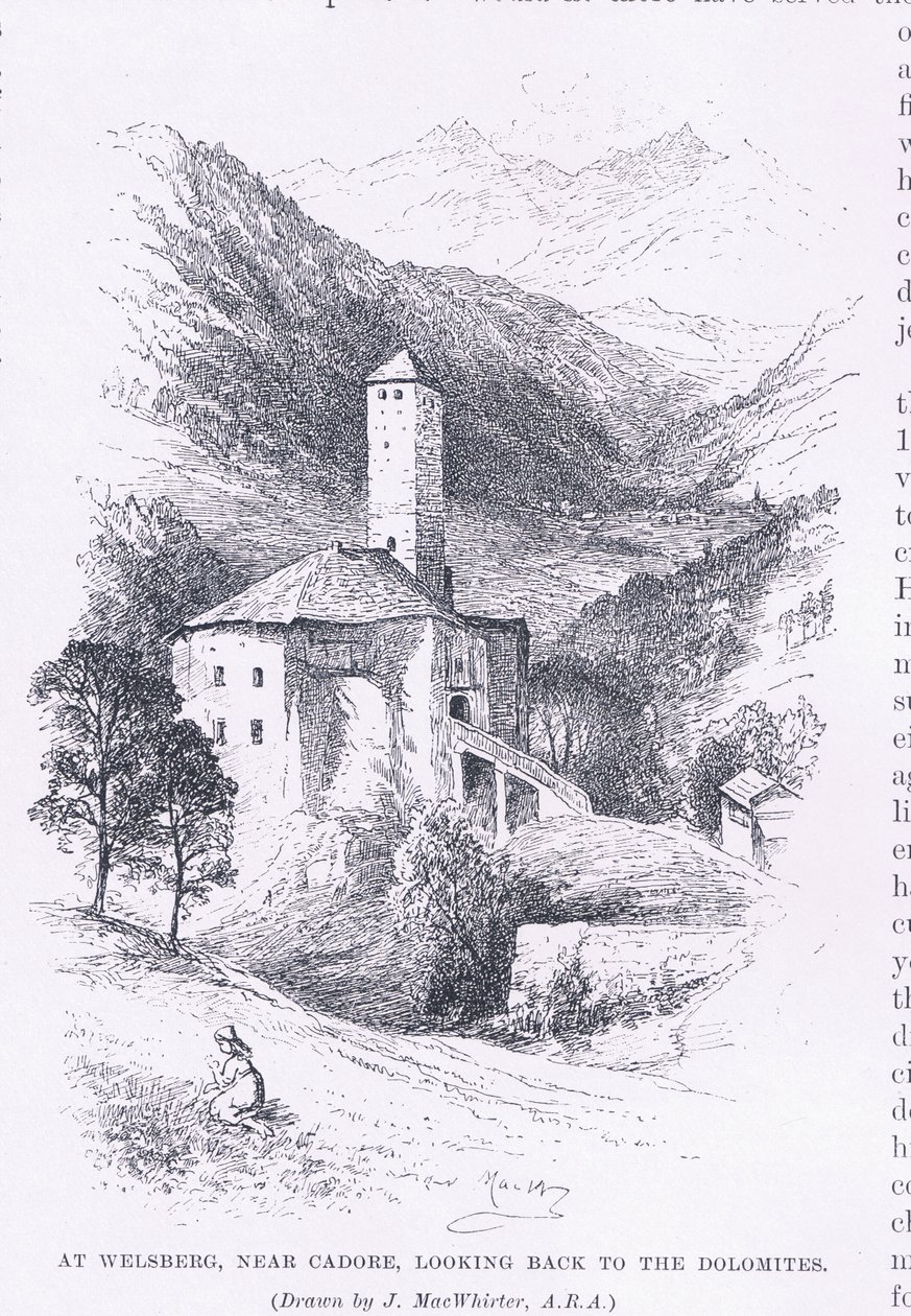 In Welsberg, nahe Cadore, Blick zurück auf die Dolomiten, aus The Magazine of Art 1893, Cassell and Company von John MacWhirter
