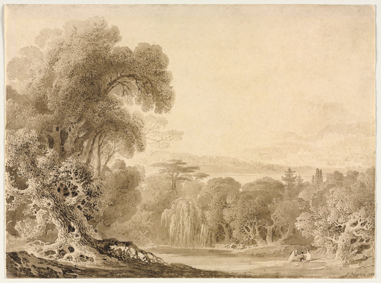 Figuren, die an einem See in einer bewaldeten Landschaft sitzen von John Martin