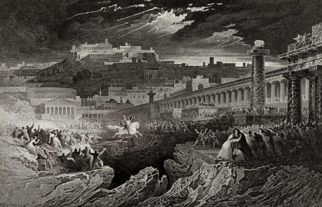Marcus Curtius reitet in den Abgrund, graviert von H. Le Keux von John Martin
