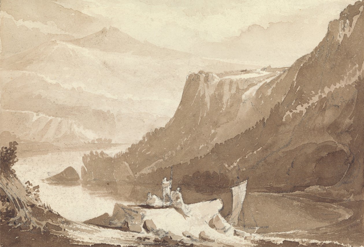 Gebirgslandschaft mit Figuren und einem Felsen über einem See von John Martin