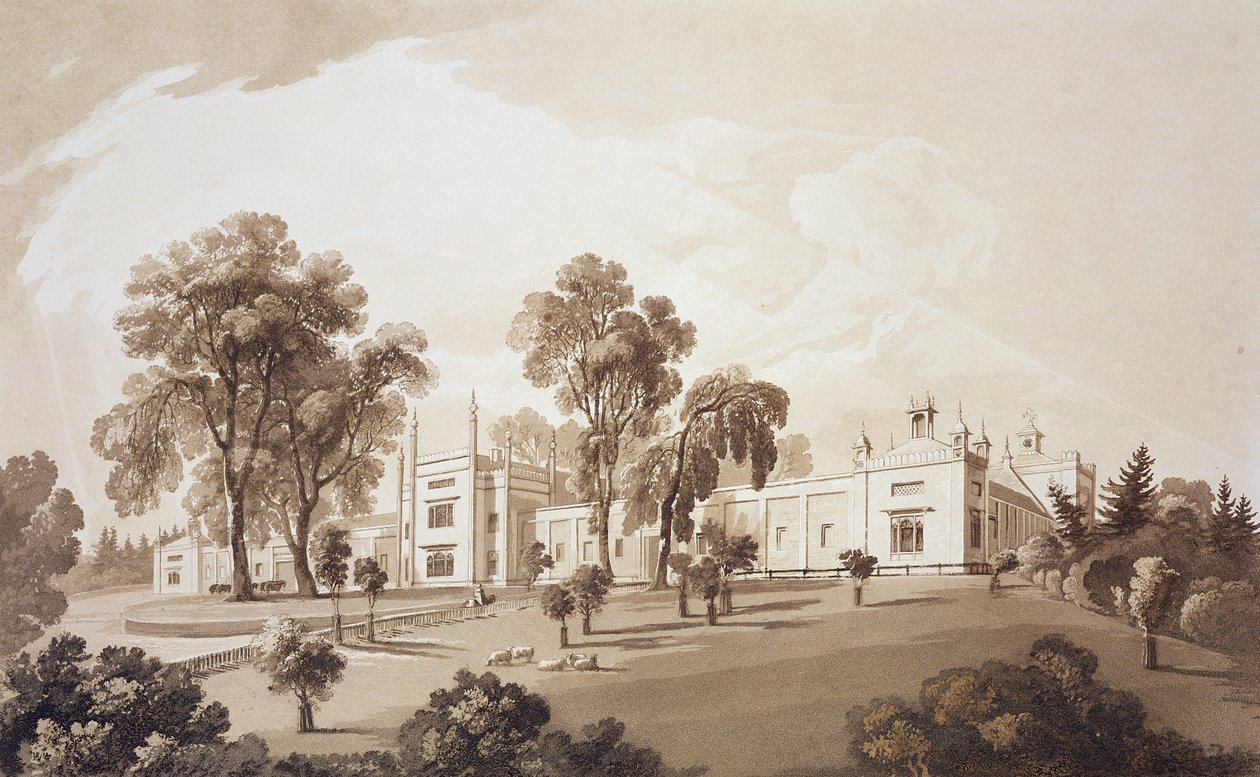 Ansicht des Bauernhauses mit Sichtschutz zu den Ställen und Farmgebäuden des Sezincote House, graviert von Frederick Christian Lewis Snr., ca. 1817-18 von John Martin