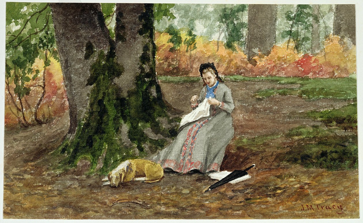 Frau stickt unter einem Baum von John Martin Tracy