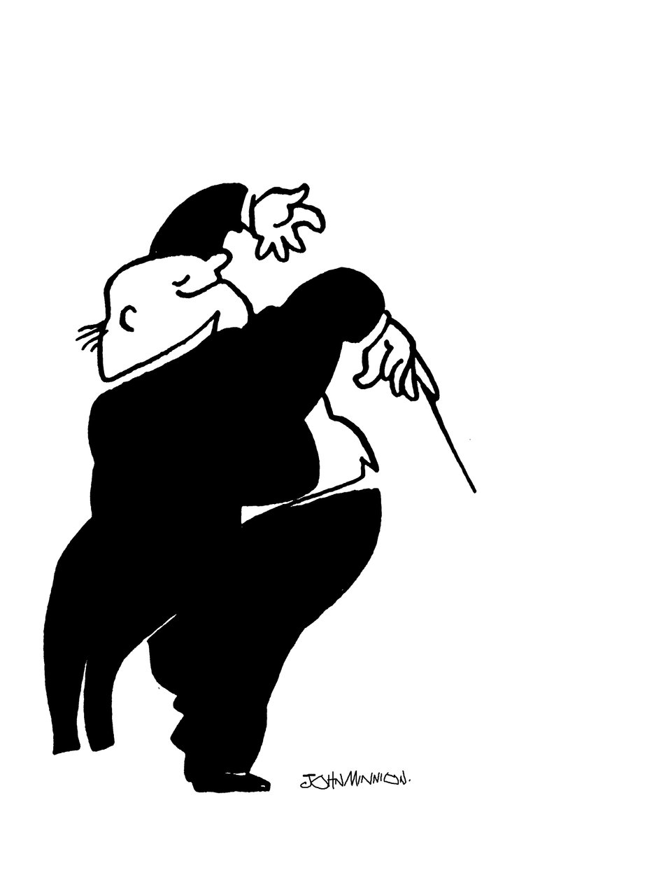 Karikatur eines fröhlichen dicken Dirigenten von John Minnion