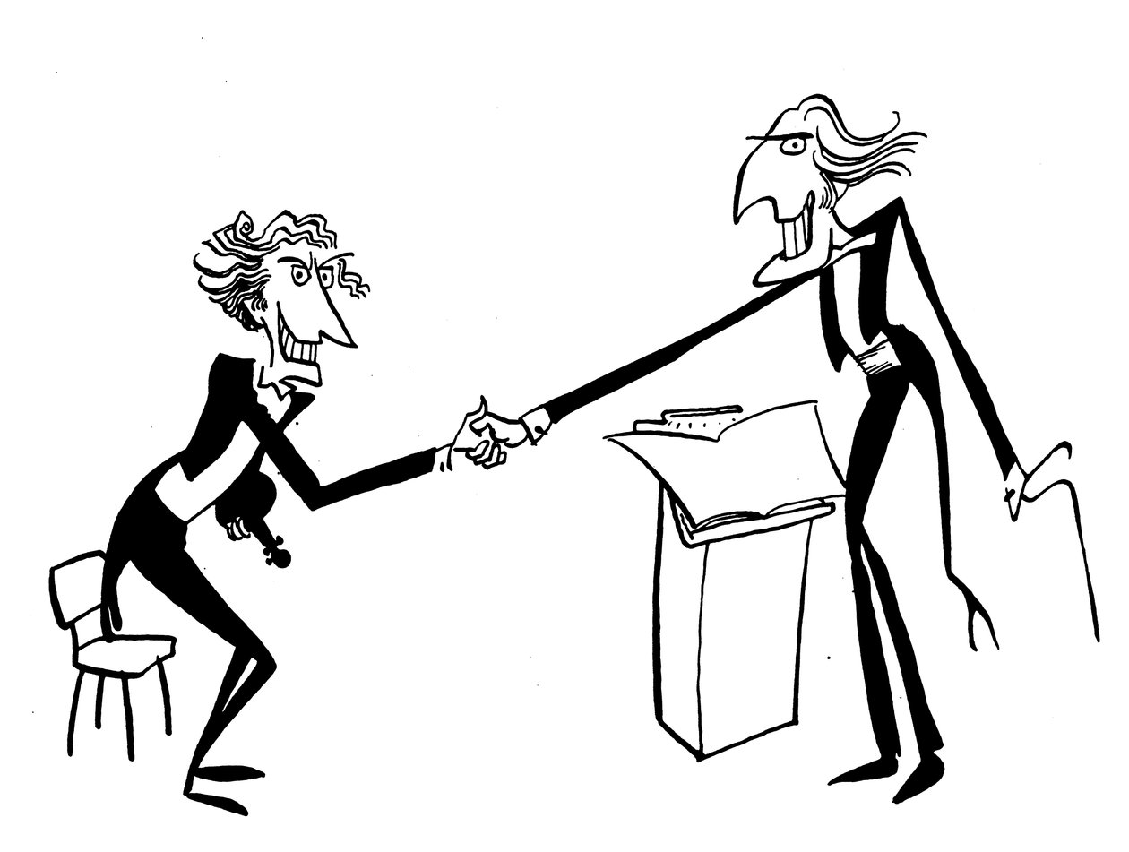 Karikatur eines Dirigenten, der den Leiter des Orchesters begrüßt von John Minnion