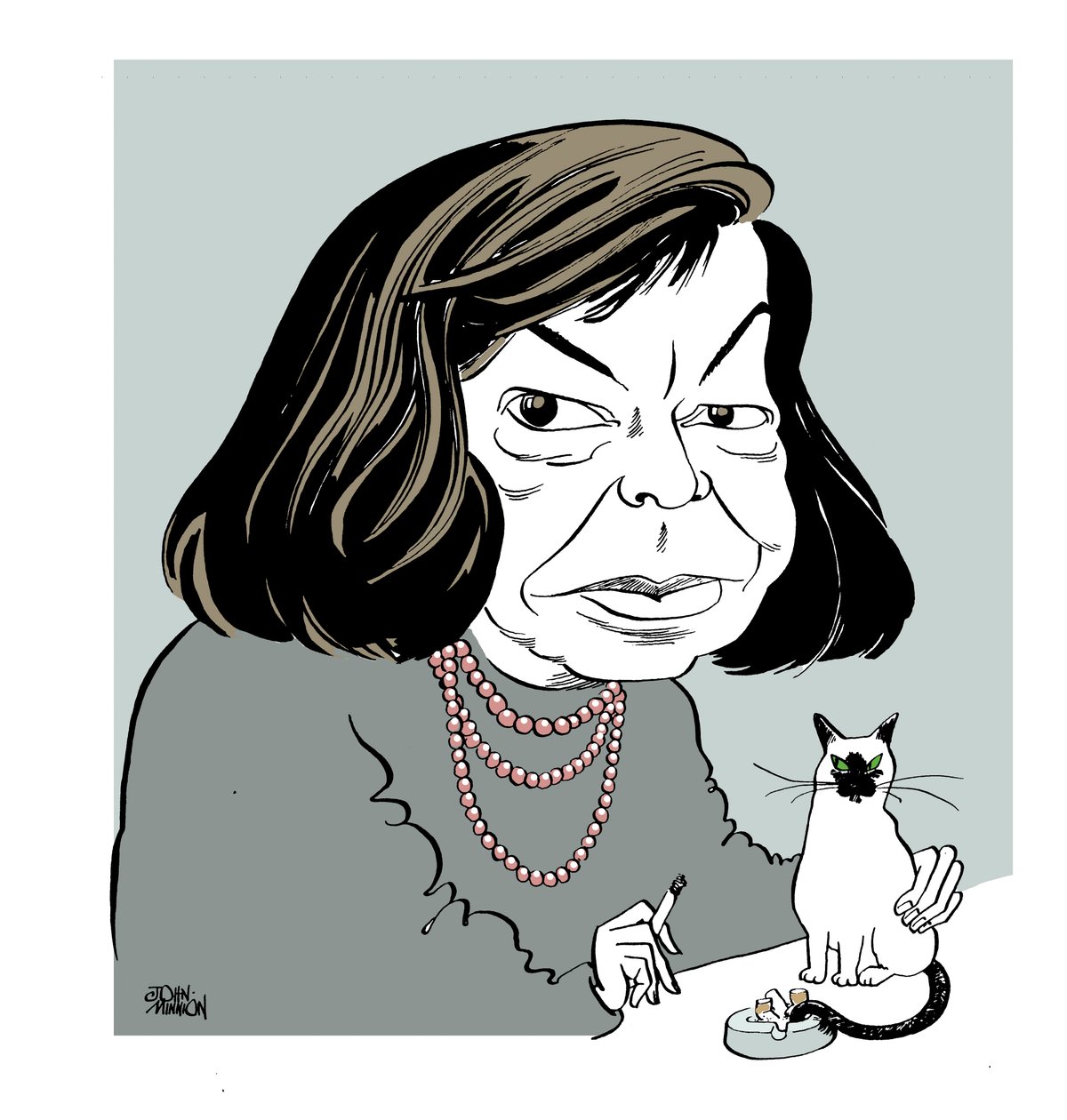 Patricia Highsmith - Karikatur mit ihrer Katze, rauchend von John Minnion
