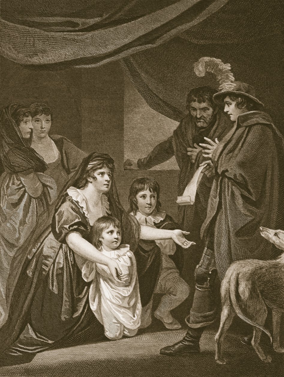 Lady Elizabeth Grey bittet Edward IV, ihre Kinder zu schützen, graviert von W. Bromley, Illustration aus David Humes 