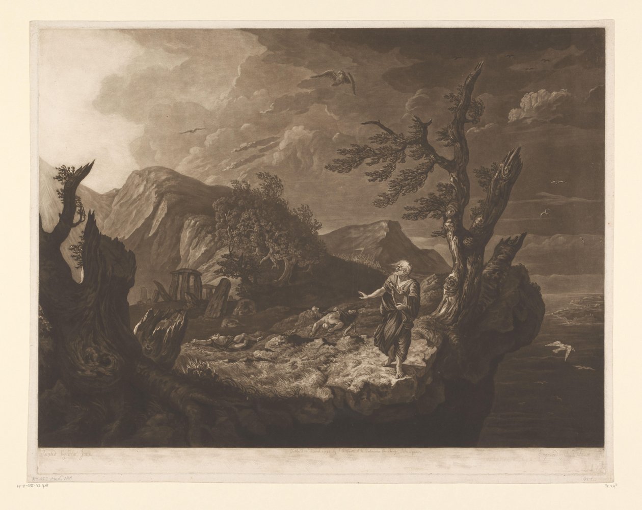 Stürmische Landschaft mit Barde am Rand einer Klippe von John Raphael Smith