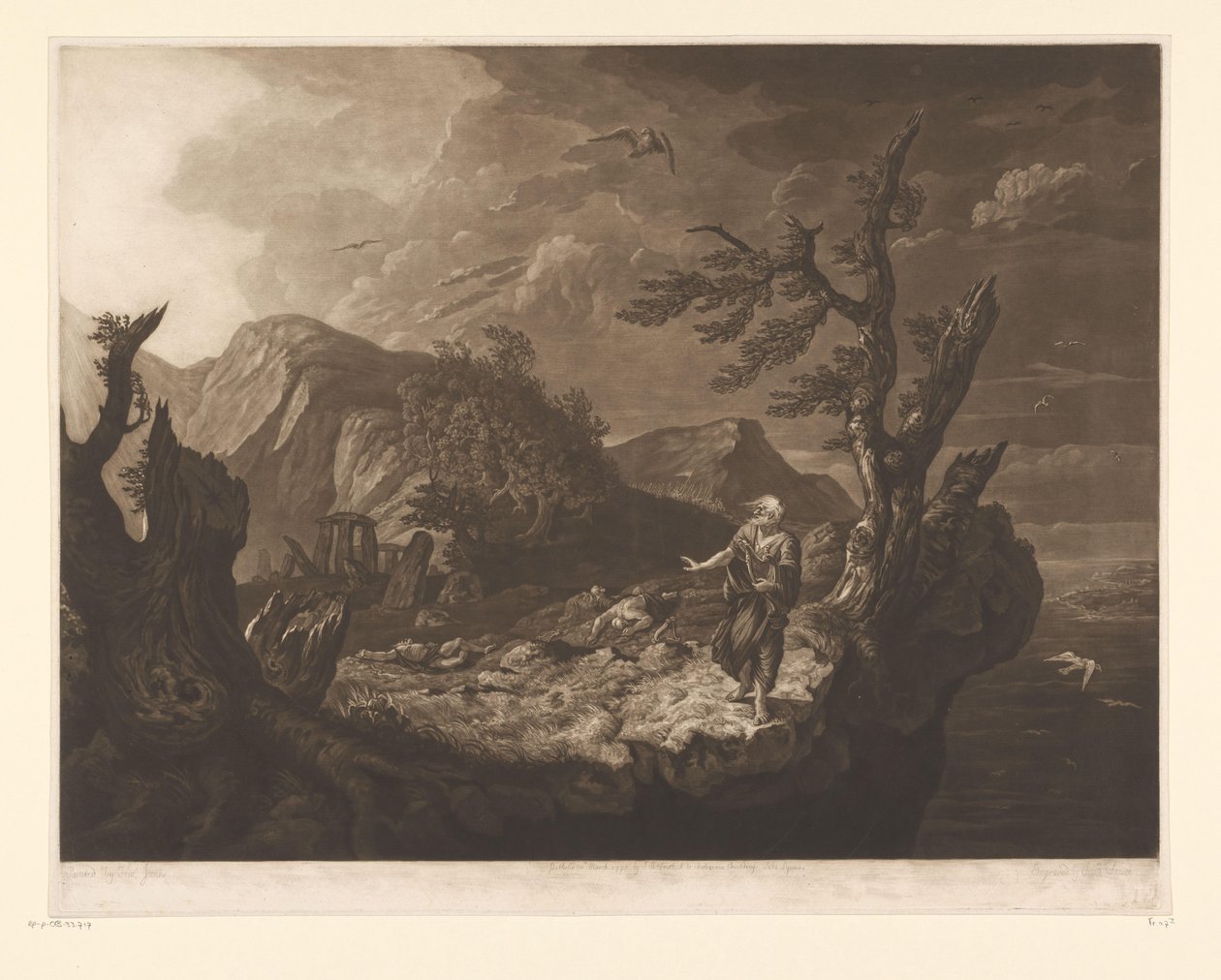 Stürmische Landschaft mit Barde am Rand einer Klippe von John Raphael Smith