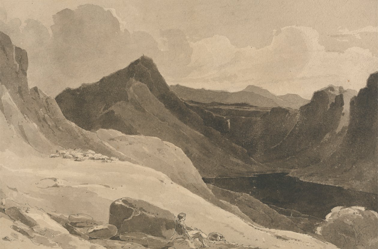 Eine Berglandschaft mit einem Hirten von John Renton