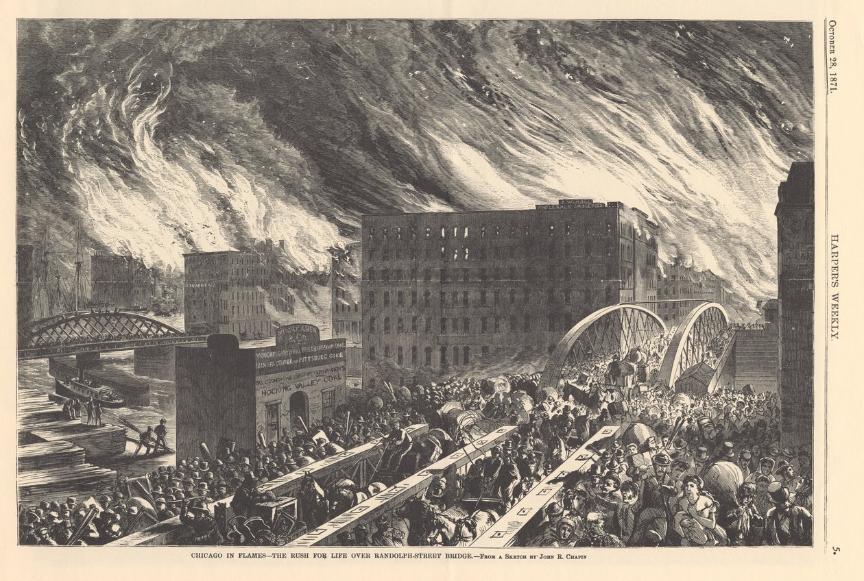 Chicago in Flammen - der Ansturm auf das Leben über die Randolph Street Bridge, Illustration aus Harpers Weekly, 1871 von John Reuben after Chapin