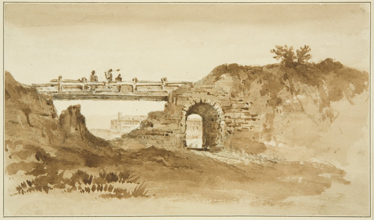 Provisorische Brücke auf der Coronation Road gegenüber dem New Gaol, ca. 1821 von John Reverend Eden