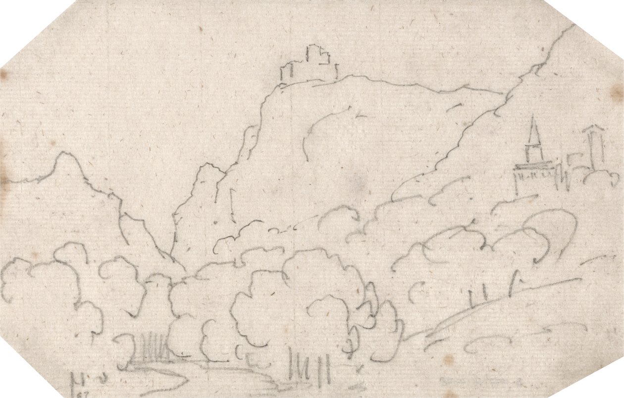 Bergblick mit Gebäuden von John Robert Cozens