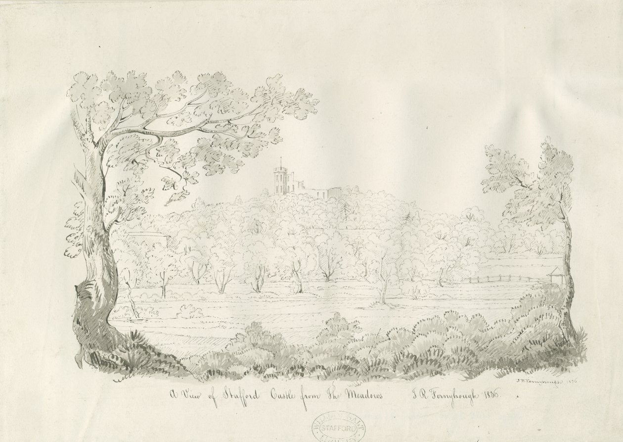 Stafford Castle - Ostansicht: Feder- und Sepia-Zeichnung von John Robert Fernyhough