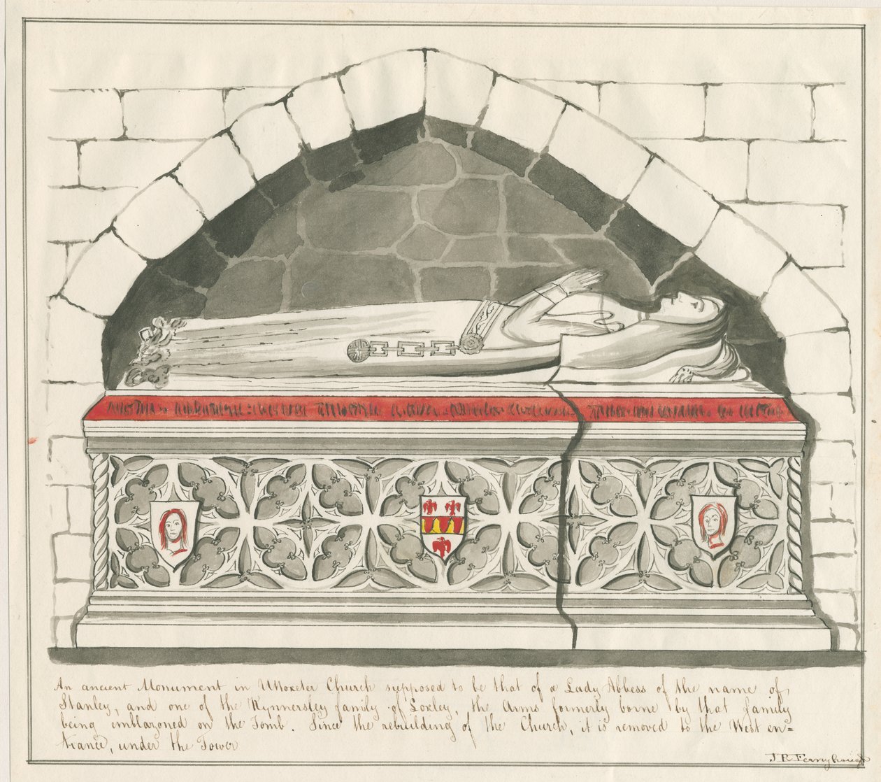 Uttoxeter Kirche - Grab der Äbtissin der Familie Kynnersley: Feder- und Tuschzeichnung, undatiert [Mitte 19. Jh.] von John Robert Fernyhough