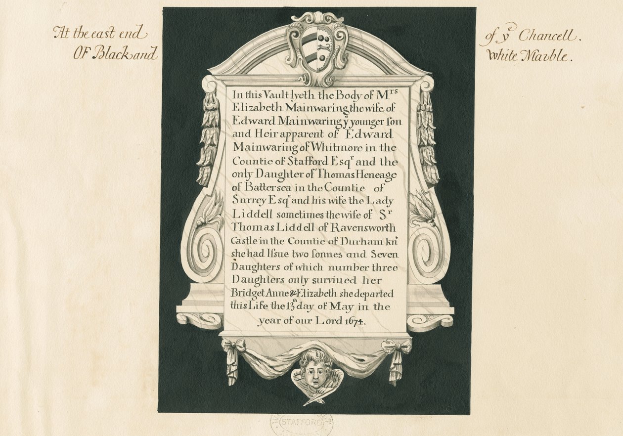 Whitmore Kirche - Gedenktafel für Mrs. Elizabeth Mainwaring von John Robert Fernyhough