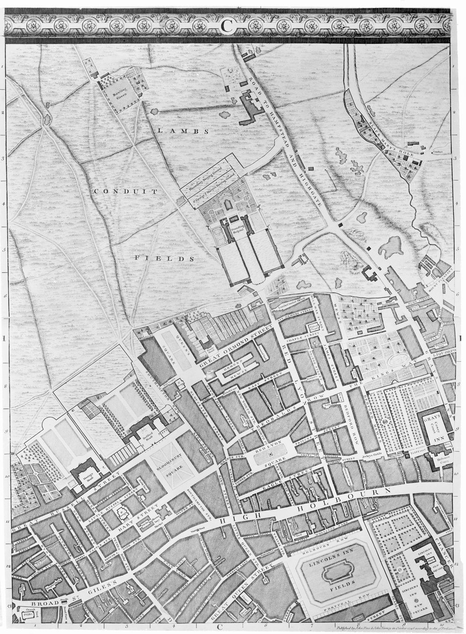 Eine Karte von Bloomsbury und Holborn, London, 1746 von John Rocque