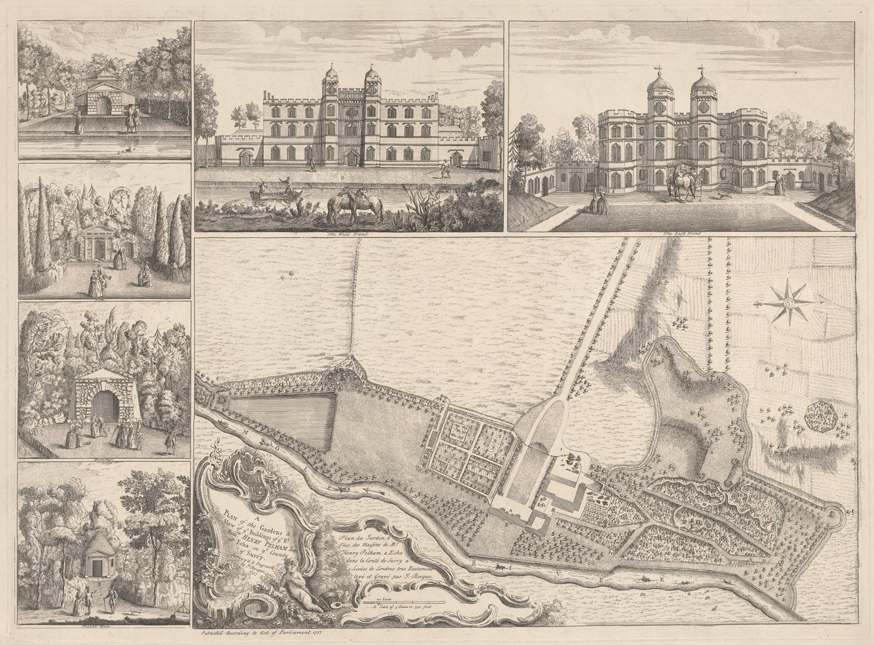 Ein Plan der Gärten & Ansicht der Gebäude des ehrenwerten Henry Pelham, Esqr. in Echa im Landkreis Surrey von John Rocque