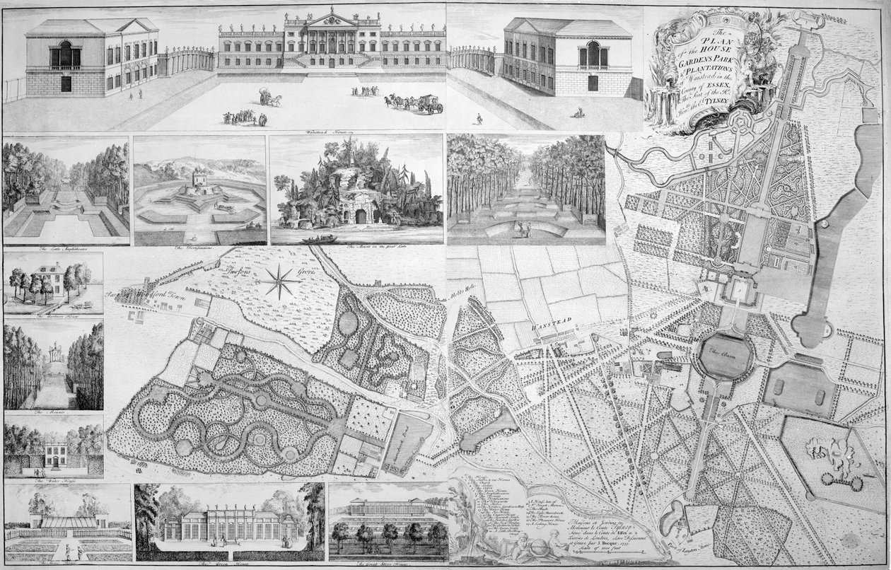 Plan des Hauses, der Gärten, des Parks und der Plantagen von Wanstead, dem Sitz des Earl of Tylney, 1735 von John Rocque