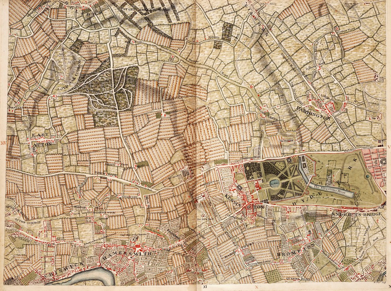 Karte von Acton, Paddington, Hyde Park und Kensington von John Rocque