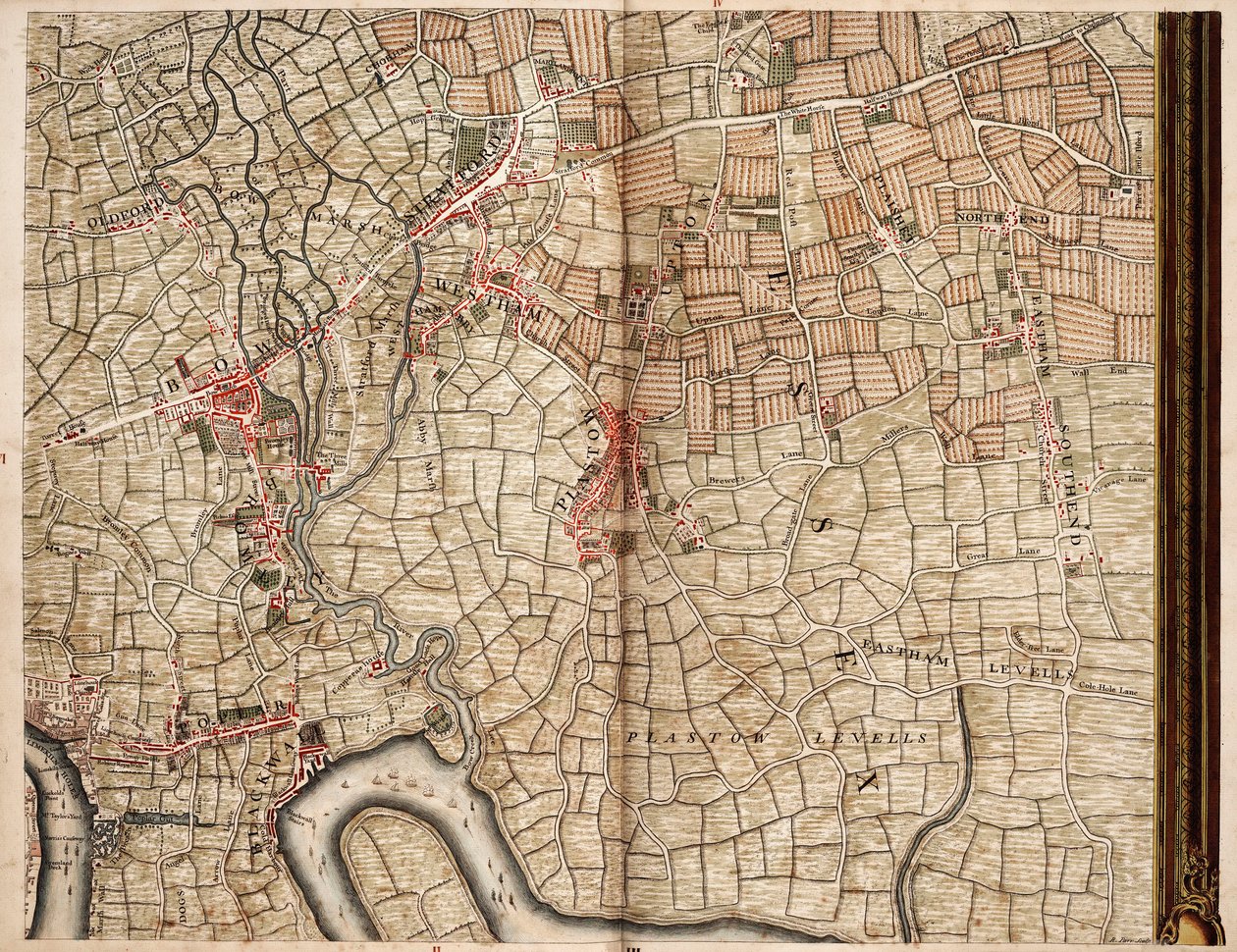 Karte von Bow, Stratford, Blackwall und Plaistow von John Rocque
