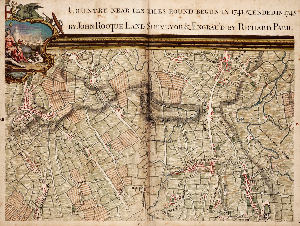 Karte von Highgate, Kentish Town, Holloway, Tottenham und Newington von John Rocque