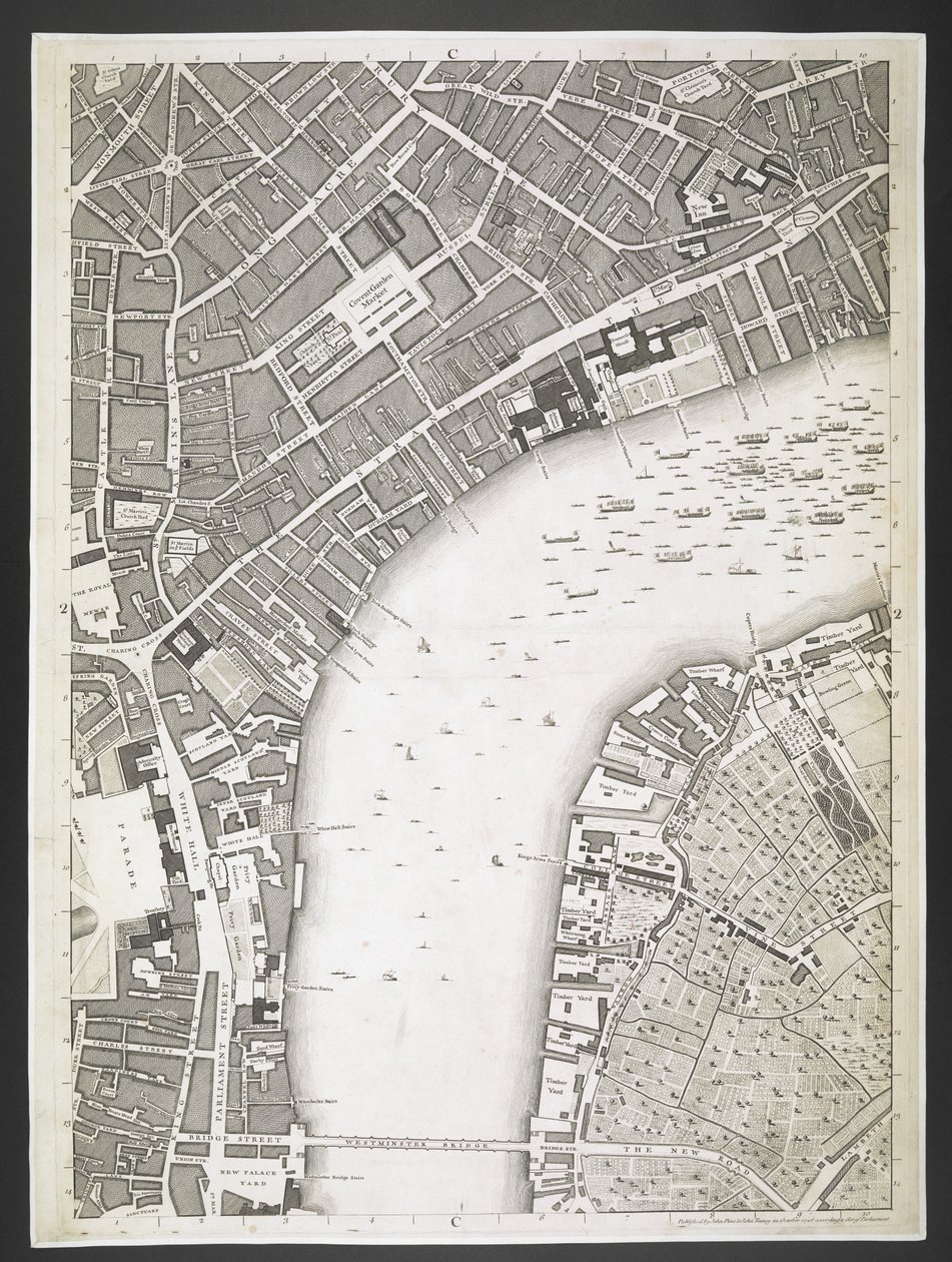 Plan von London, The Strand, Westminster Bridge, ein Plan der Städte London und Westminster und des Stadtteils Southwark; aus einer tatsächlichen Vermessung, erstellt von JOHN ROCQUE, Landvermesser, und graviert von John Pine von John Rocque