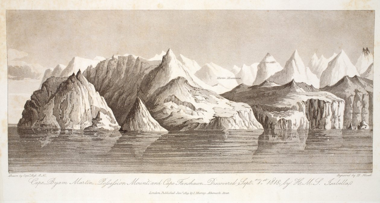 Cape Byam Martin, Pofsefsion Mount und Cape Fanshawe, entdeckt am 1. September 1818 von der HMS Isabella, Illustration aus 