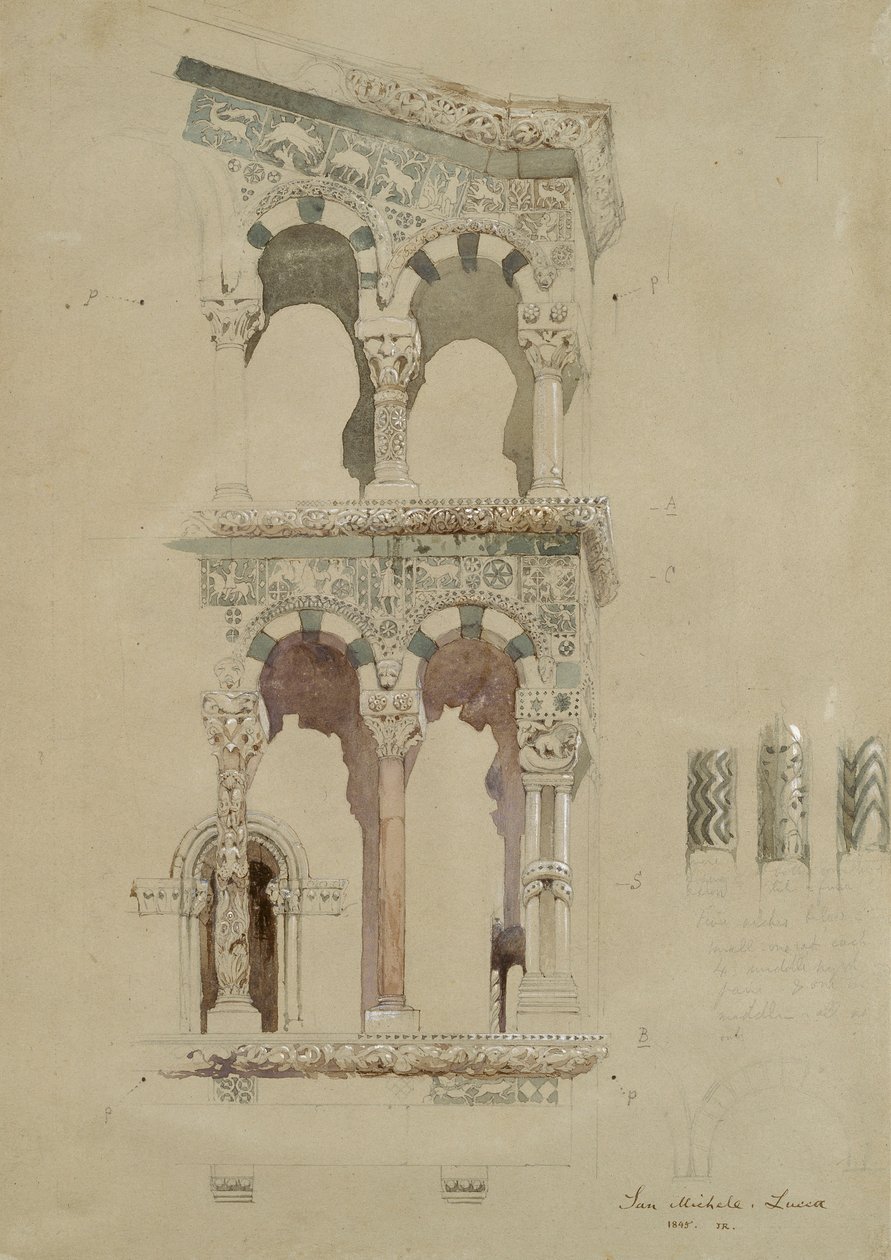 Teil der Fassade der zerstörten Kirche San Michele in Foro, Lucca, wie sie 1845 erschien von John Ruskin