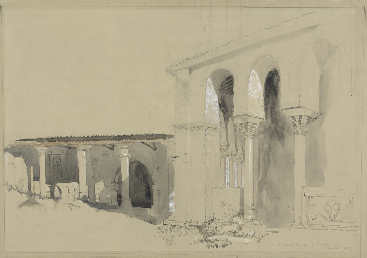 Der Große Platz in Torcello, 1850 (Feder, Tinte und Waschung über Graphit mit Gouache auf braunem Velinpapier) von John Ruskin