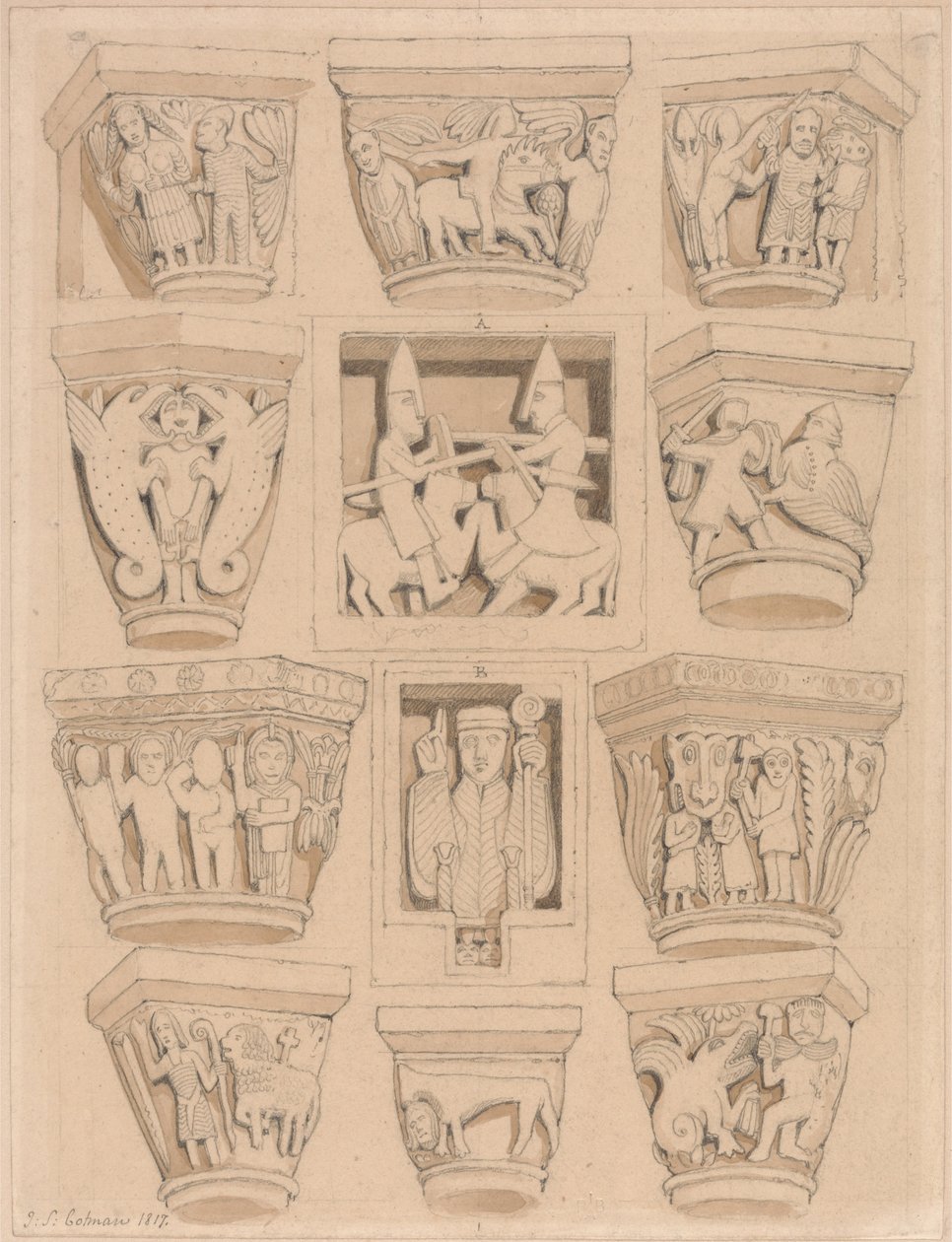 Kapitäle und A & B Basreliefs in der Abteikirche von Saint Georges de Bocherville, in der Nähe von Rouen, Normandie von John Sell Cotman