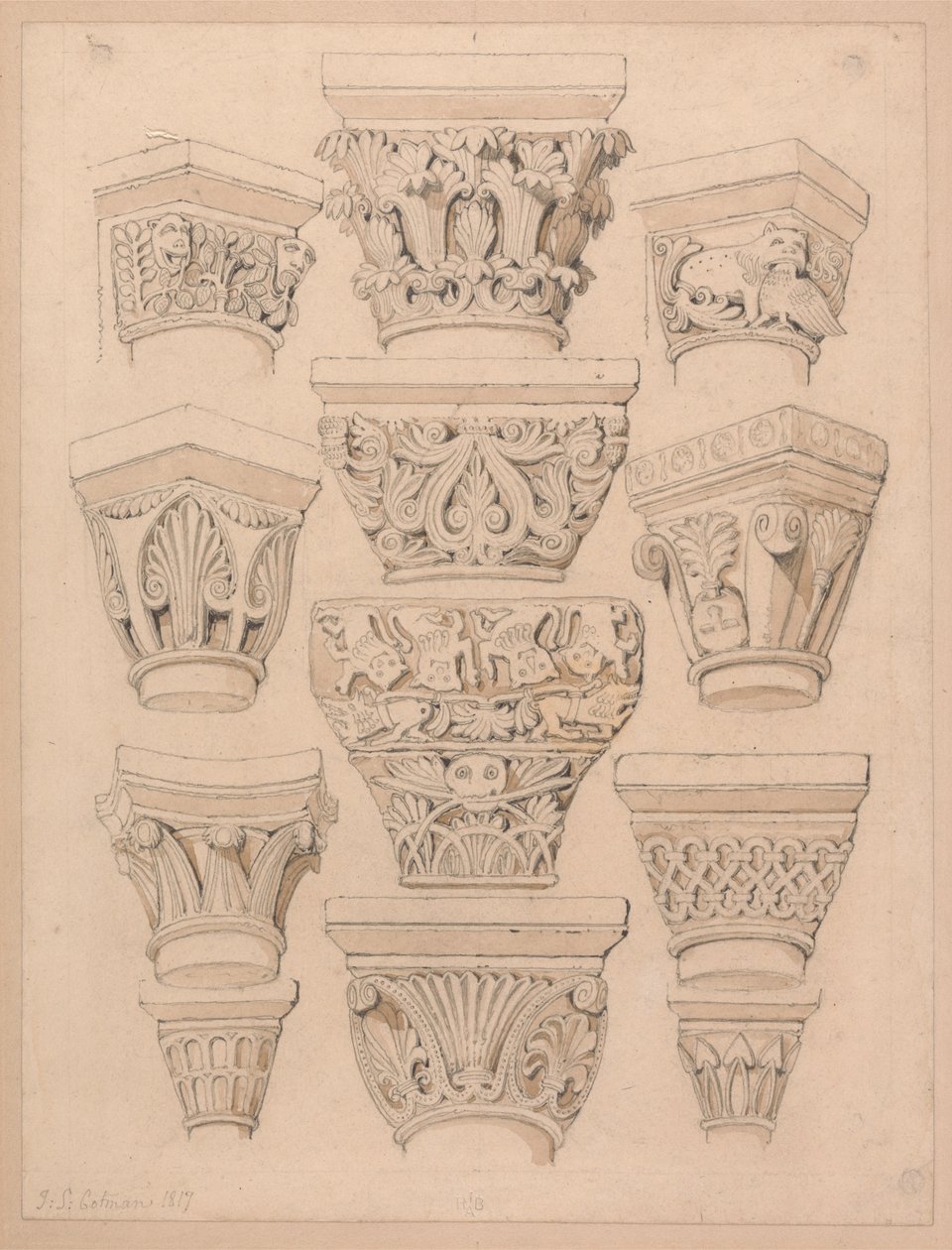 Kapitäle in der Abteikirche von St. Georges de Bocherville, in der Nähe von Rouen, Normandie von John Sell Cotman