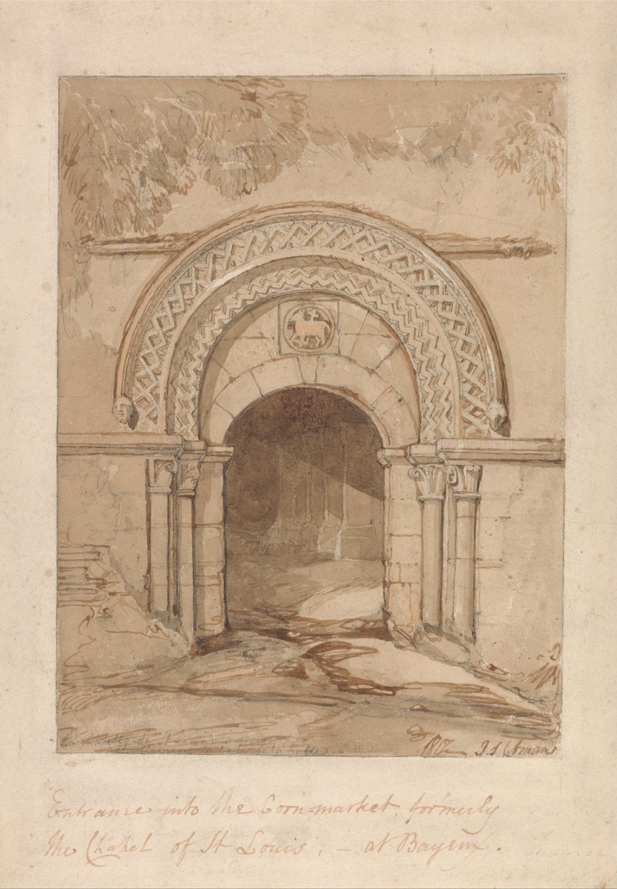 Eingang zum Kornmarkt, ehemals die Kapelle von St. Louis, in Bayeux von John Sell Cotman