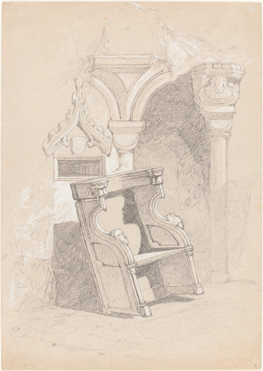 Skizze des Inneren einer zerstörten Kirche mit Stuhl von John Sell Cotman