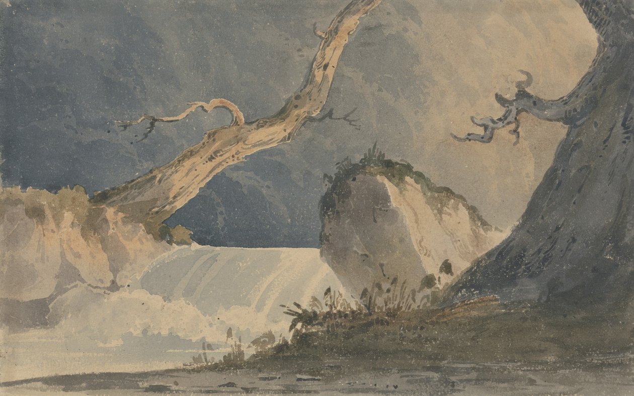 Wasserfall in einer trostlosen Landschaft von John Sell Cotman