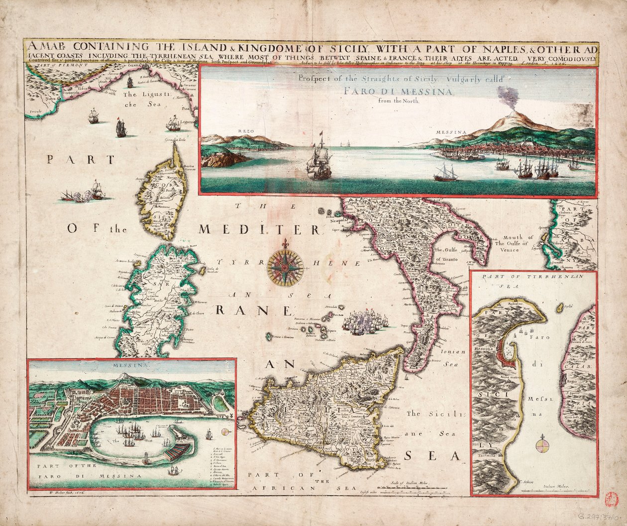 Karte mit der Insel und dem Königreich Sizilien, einem Teil von Neapel und anderen angrenzenden Küsten einschließlich des Tyrrhenischen Meeres von John Seller