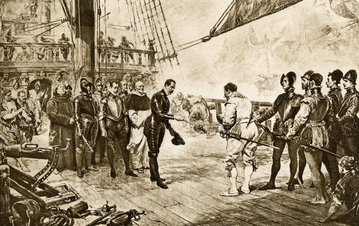 Der Admiral der spanischen Armada übergibt sein Schwert an Francis Drake von John Seymour (after) Lucas