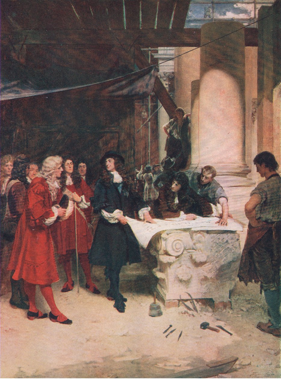 König Karls Besuch bei Wren während des Baus von St. Pauls, Illustration aus Die Geschichte des britischen Volkes von John Seymour Lucas