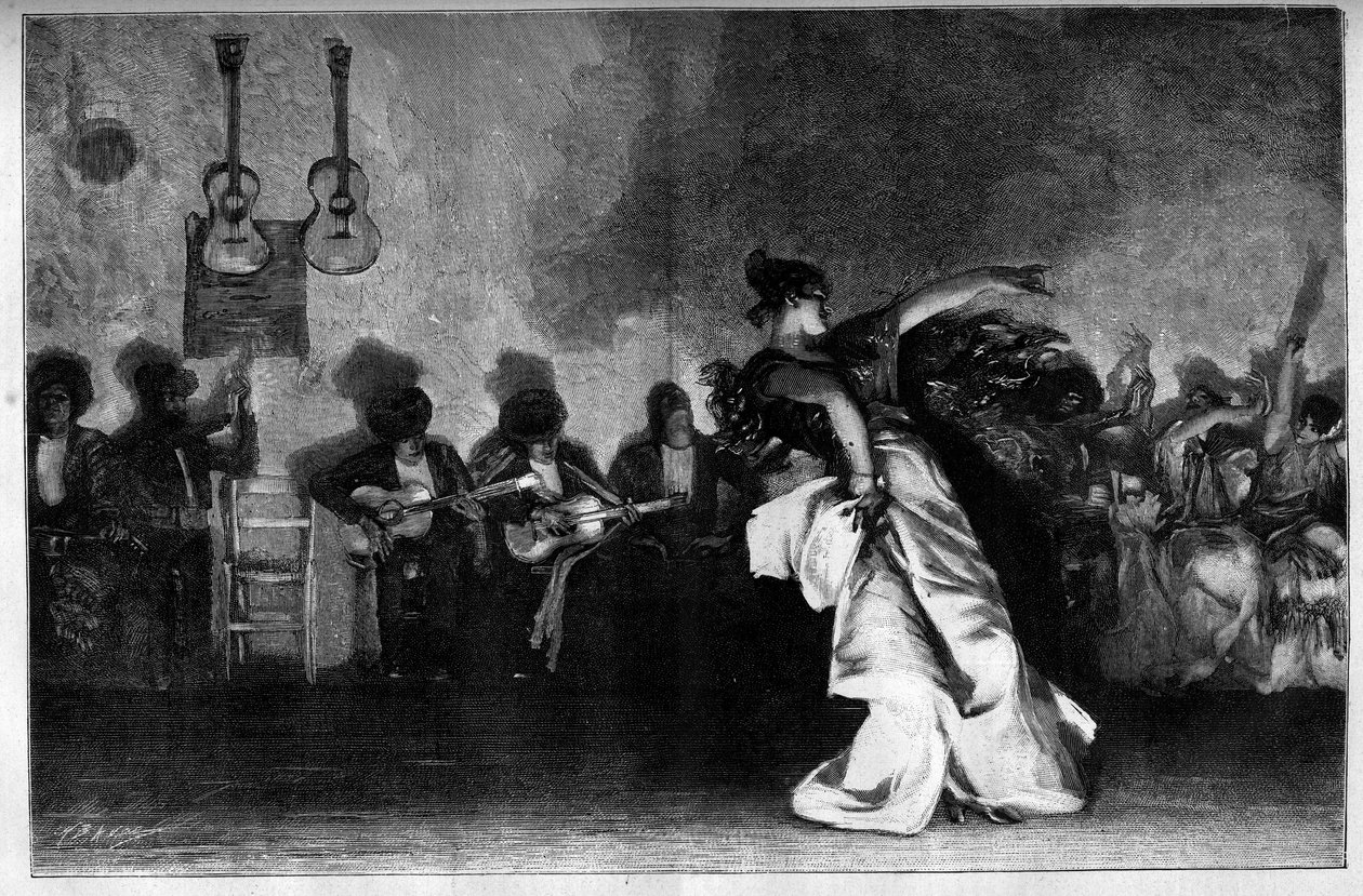 El Jaleo - Zigeunertänze. Gitarristen und Flamencotänzerin. Gravur nach dem Gemälde von John Singer Sargent (1856-1925) in „Die illustrierte Welt“ Nr. 1335 vom 28. Oktober von John Singer (after) Sargent