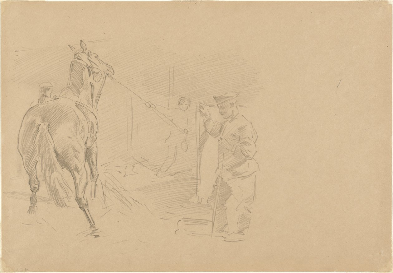 Mann zieht ein Pferd in eine Box von John Singer Sargent