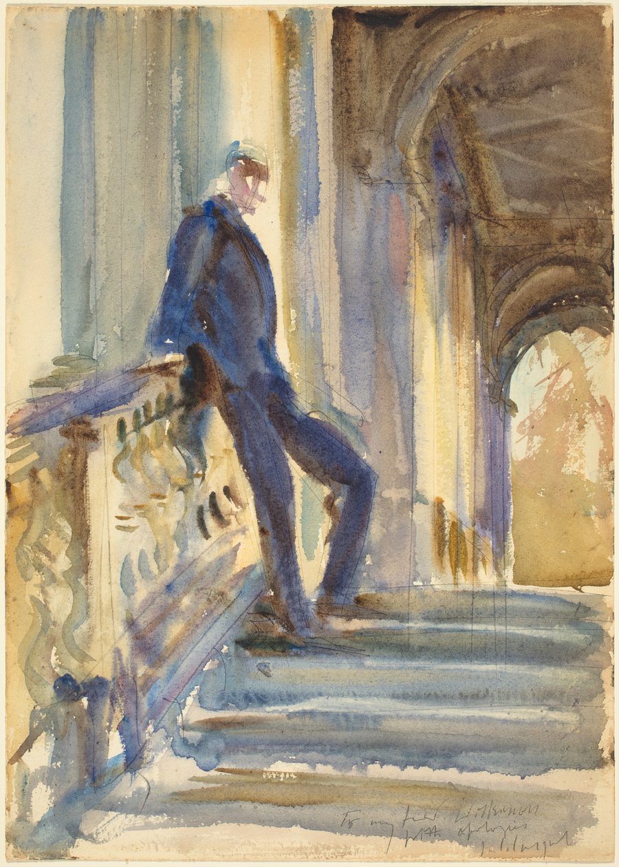 Sir Neville Wilkinson auf den Stufen der Palladian Bridge im Wilton House, 1904-1905 von John Singer Sargent